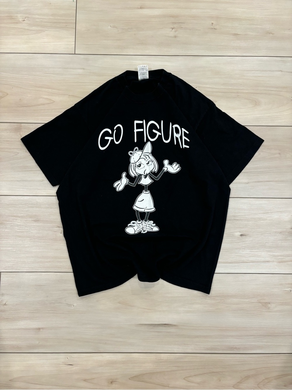 90s Vintage Fruit of the Loom Black Graphic Tee with White "Go Figure" Print